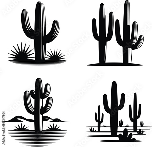 Black cactus desert vector illustration, minimal cactus silhouette, abstract desert plant art, western landscape cactus design, isolated cactus icon set, cactus graphic symbol