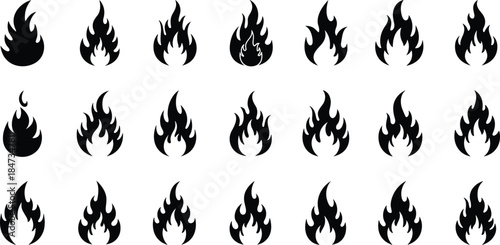 Black flame icons set, fire symbol collection, vector silhouette illustration, burning shapes, hot energy design elements, graphic fire clipart