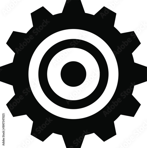 Black gear icon with concentric circles, mechanical symbol vector, engineering setting illustration, bold industrial wheel silhouette, system configuration elementBlack gear icon 