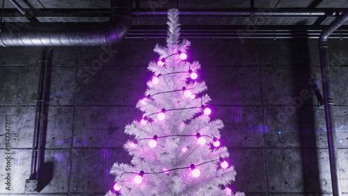 Christmas tree decorated with purple lights in an industrial setting  