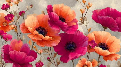 Wallpaper Mural Cheerful pattern of vibrant orange and various shades of pink abstract floral shapes scattered on a soft beige background Bold Floral Prints, Cheerful Pattern Design, Modern Botanical Art Torontodigital.ca