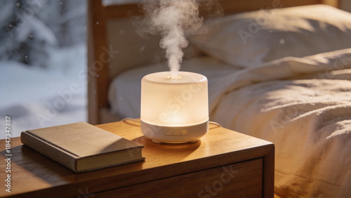 Cozy bedroom ambiance with a humidifier during winter  