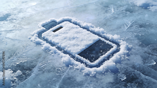 Frozen battery icon etched in ice with snow surrounding it  