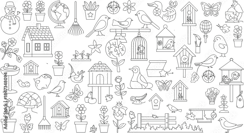 Fototapeta premium Birdhouse garden vector icons, outline drawing, birds, flowers, plants, butterflies, bird feeders, house, nature, black white graphic illustrationflat vector illustration