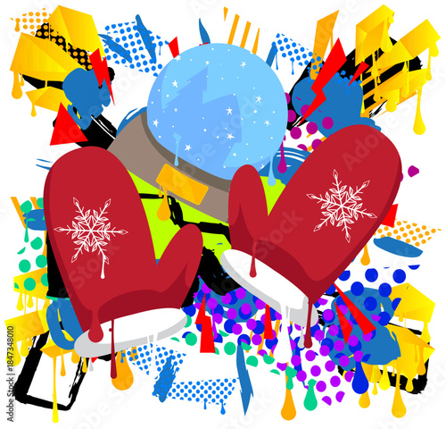 Mitten Glove and Snow Globe graffiti. Abstract modern street art decoration performed in urban painting style.