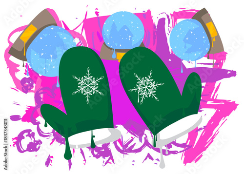Mitten Glove and Snow Globe graffiti. Abstract modern street art decoration performed in urban painting style.