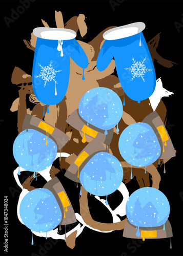 Mitten Glove and Snow Globe graffiti. Abstract modern street art decoration performed in urban painting style.