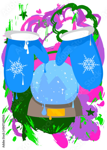 Mitten Glove and Snow Globe graffiti. Abstract modern street art decoration performed in urban painting style.
