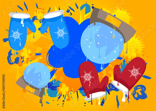 Mitten Glove and Snow Globe graffiti. Abstract modern street art decoration performed in urban painting style.