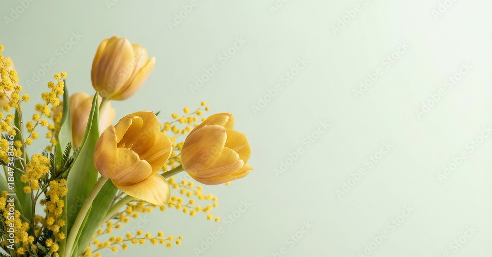 Fototapeta premium Bouquet of yellow tulips and mimosa flowers on pale green background.Copy space. Greeting card mockup.Banner. International Women's Day, March 8 , Easter, spring flowers background template
