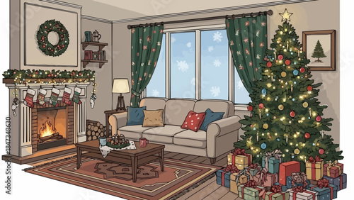 Cozy Living Room Decorated for Christmas Celebration.