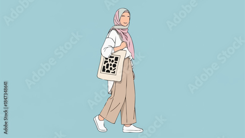 Stylish Muslim Woman Walking with Tote Bag.