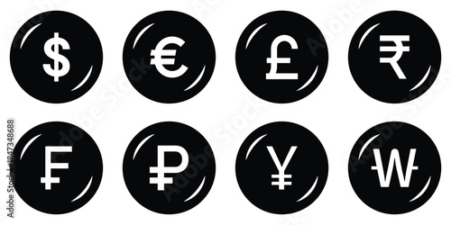 World currency signs and icons vector bundle set. Global currency symbols in clean, modern styles. International currency signs vector illustration.