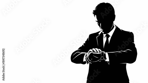 Silhouette of a businessman checking his watch.