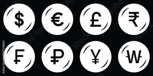 World currency signs and icons vector bundle set. Global currency symbols in clean, modern styles. International currency signs vector illustration.