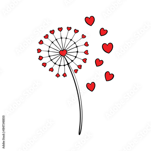 A delicate love dandelion with seeds floating away, each carried with tiny red hearts, spreading warmth, affection, and the magic of love in the air.
