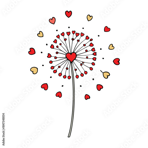 A delicate love dandelion with seeds floating away, each carried with tiny red hearts, spreading warmth, affection, and the magic of love in the air.
