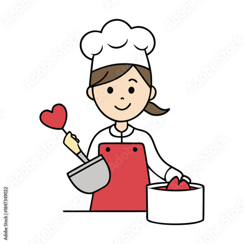 A joyful woman in the kitchen prepares a romantic Valentine's meal, surrounded by heart-shaped decorations, candles, and the warm glow of love-filled cooking.
