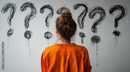 Woman Thinking at Whiteboard with Question Marks