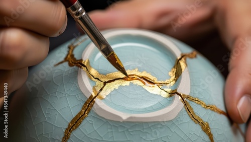 A kintsugi artist in a Kyoto studio, hands steady as they fill a crack in a ceramic bowl with urushi lacquer mixed with gold powder, the repair process captured in extreme macro detail.