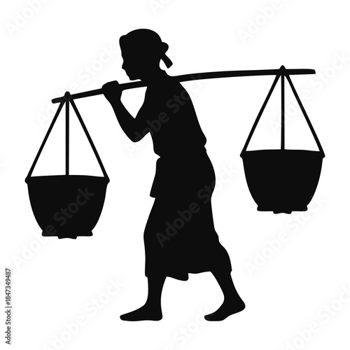 Obraz na plátně silhouette of a person carrying a yoke containing a basket