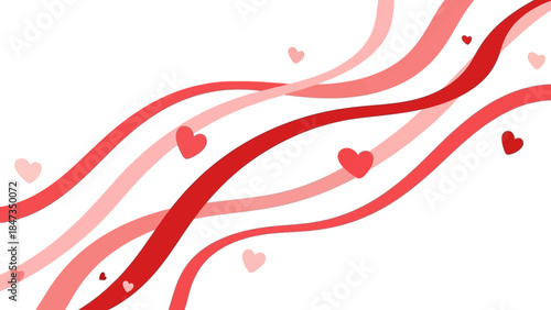 Romantic Abstract Design Red and Pink Wavy Lines and Hearts on White Background for Valentine's Day