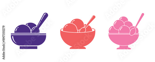 A bowl of ice cream with a spoon icon on a white background. Sweet symbol. Colorful icon set. Vector