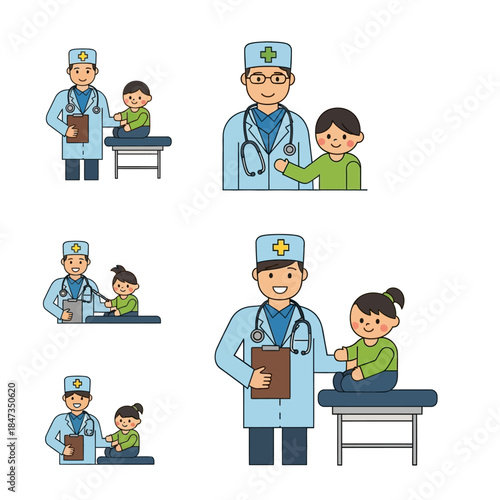 Illustrations of male doctors examining and interacting with young children in a medical setting.