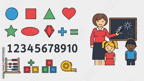 Illustration of a teacher and two students in a classroom setting with various educational elements like shapes, numbers, math symbols, and an abacus.