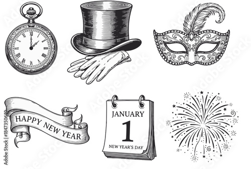 Vintage New Year's Eve elements, including clock, hat, mask, gloves, calendar, banner, and fireworks