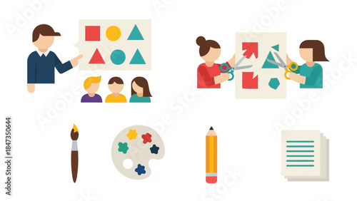 A teacher instructing students about geometric shapes, children doing paper crafts, and various art and school supplies.