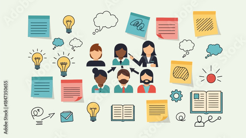 Diverse team collaboration and brainstorming with sticky notes, lightbulbs, and communication symbols on a light background.