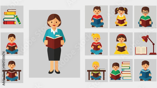 A collection of illustrations depicting a teacher and children reading books, symbolizing education and learning.
