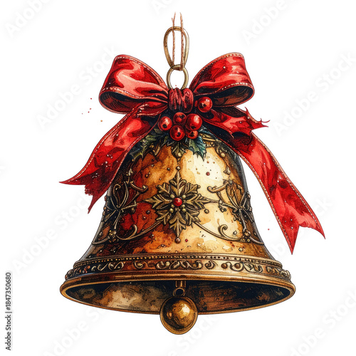 Ornate golden bell with red bow and berries