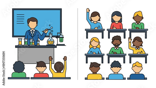 A male teacher demonstrates a science experiment to students in a classroom setting.