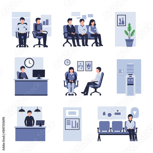 Collection of flat design illustrations depicting various office and waiting room scenarios with people.