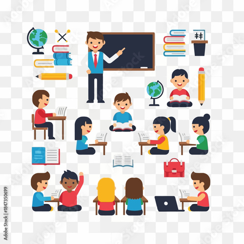 Illustration of a vibrant classroom scene with a teacher instructing students and children learning with books and laptops.