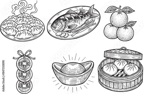 A captivating black and white line art illustration showcasing a variety of cultural food and symbolic objects associated with prosperity and good fortune