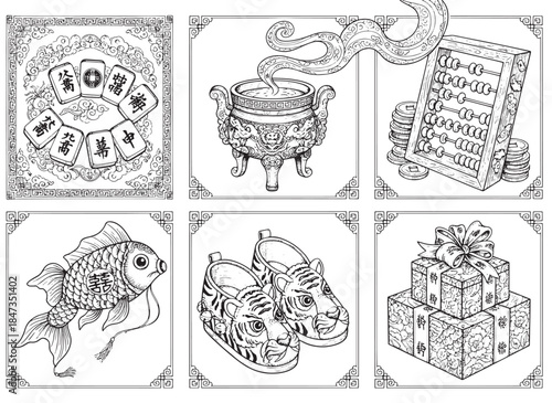 A collection of six detailed line art illustrations of traditional Asian objects, including Mahjong tiles, a censer, an abacus, goldfish, tiger shoes, and gift boxes. 