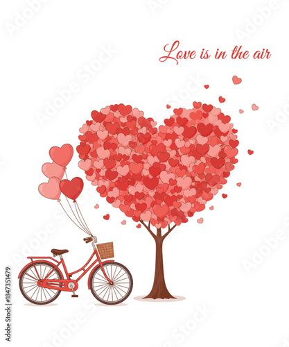 Romantic bicycle with heart tree and balloons celebrating love in the air t shirt design