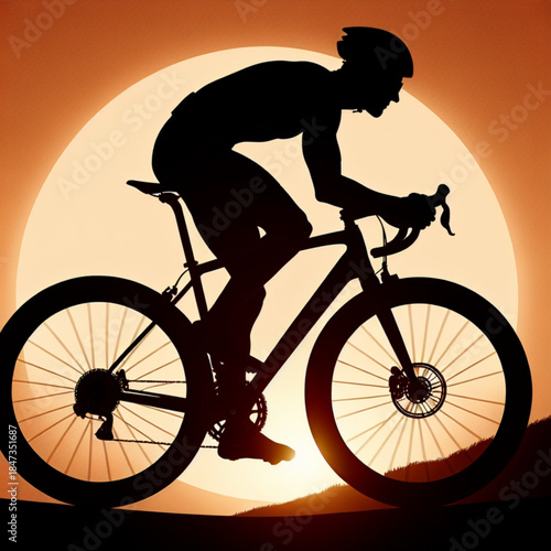 Silhouette Cyclist Against Sunset: A determined cyclist pedals swiftly against the fiery backdrop of the setting sun, embodying speed, dedication, and the relentless pursuit of goals.