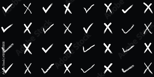 Hand drawn check mark icon set. tick, cross signs for checkbox, checklist, v and x in sketch doodle brush marker checklist symbol. grunge brush style vector illustration.