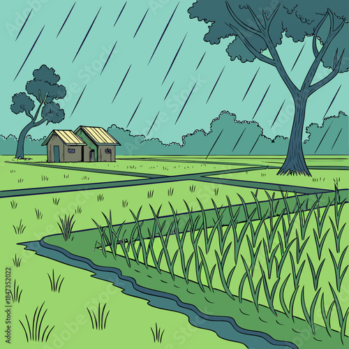 Vibrant cartoon scene captures essential farming life with rice paddies thriving under a dramatic monsoon rain shower