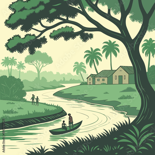 Stunning vintage style tropical village scene with people canoeing down a winding river surrounded by lush green jungle