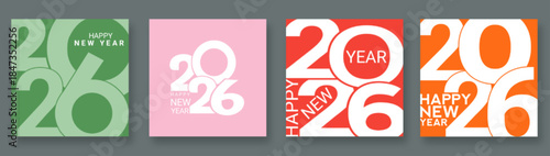 Set of 2026 Happy New Year logo text design. 2026 number design template. Collection of 2026 Happy New Year card, cover, poster. Vector illustration with labels isolated on colorful background.