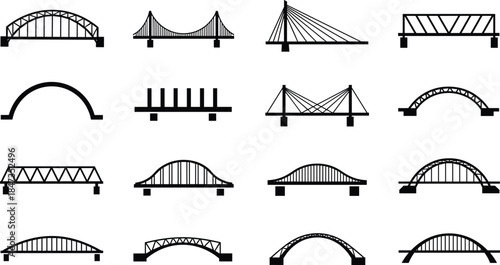 Bridge Types Silhouette Vector Icons Set: Architectural Styles of Arch, Truss, Suspension, Cable-Stayed, and Beam Bridges Isolated Minimalist Black Illustration