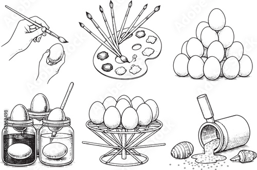 An artistic illustration of various techniques for dyeing Easter eggs. Featuring brushes, palettes, and prepared eggs