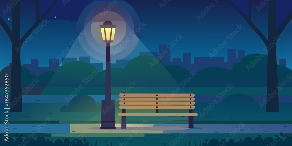 Naklejka premium A serene nighttime park scene featuring a glowing lamppost and wooden bench