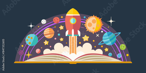 A rocket launching from an open book into a colorful space scene