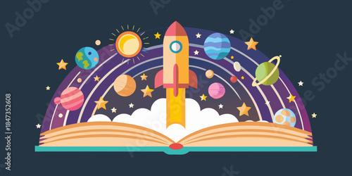 A rocket launching from an open book into a vibrant cosmic scene